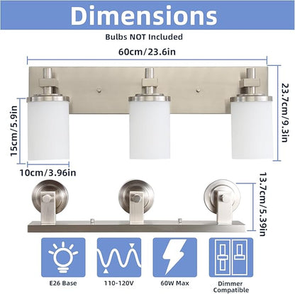 LOUSACE Bathroom Lighting Fixtures Over Mirror Brushed Nickel 3 Light Bathroom Vanity Lights with Opal White Glass Shades, Modern Vanity Wall Sconces Fixture for Bedroom Living Room