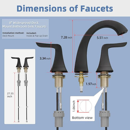 VXV Matte Black Bathroom Sink Faucet 3 Hole Widespread, 8 Inch Vanity Faucet with Pop-Up Drain & Pre-Attached Supply Lines for Easy DIY Installation, Faucet for Bathroom Sink, RV