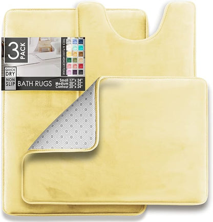Clara Clark 3 Piece Bathroom Rugs Bath Mat Set, Velvet Memory Foam Bath Mats for Bathroom - Non-Slip, PVC Backing Bath Rugs, Washable - Dries Quickly, Yellow