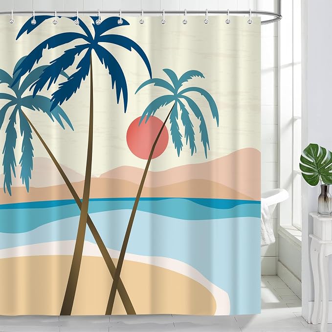 Beach Shower Curtain, Summer Boho Tropical Palm Tree Sunset Mid Century Abstract Modern Bathroom Decor, Waterproof Fabric Polyester Bathroom Curtain with 12 Hooks 72x72 in