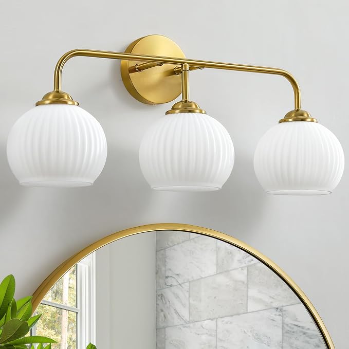 RUIYEY Bathroom Vanity Light Fixtures: 3-Lights Lantern Gold Vanity Lights for Bathroom, 23.6 Inch E26 60W Modern Bathroom Lighting Fixture with Milky White Glass for Bath Restroom