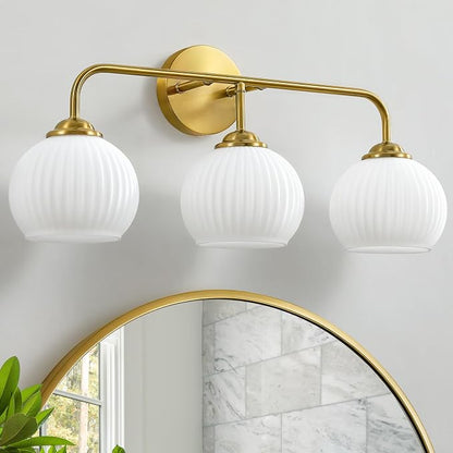 RUIYEY Bathroom Vanity Light Fixtures: 3-Lights Lantern Gold Vanity Lights for Bathroom, 23.6 Inch E26 60W Modern Bathroom Lighting Fixture with Milky White Glass for Bath Restroom