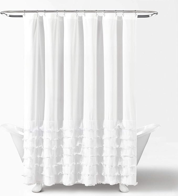 Lush Decor Avery Shower Curtain Ruffled Vintage Chic Farmhouse Style Bathroom, 72” x 72”, White