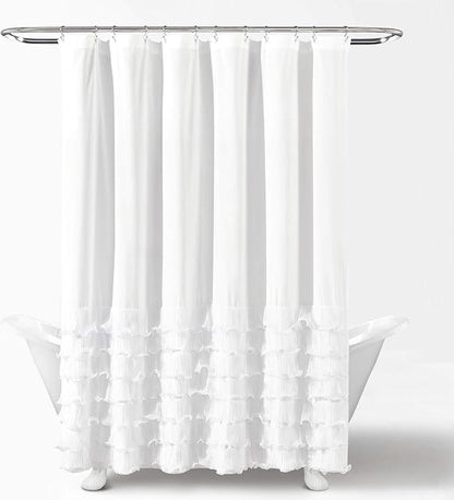 Lush Decor Avery Shower Curtain Ruffled Vintage Chic Farmhouse Style Bathroom, 72” x 72”, White