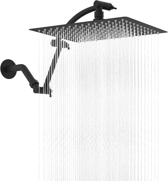 Hibbent All Metal 12'' Rain Shower Head, 16'' Extension Arm, Matte Black | cUPC Certified High Pressure Rainfall Showerhead with Solid Brass Adjustable Shower Head Extension Arm, Fixed Showerheads
