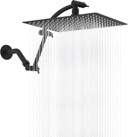 Hibbent All Metal 12'' Rain Shower Head, 16'' Extension Arm, Matte Black | cUPC Certified High Pressure Rainfall Showerhead with Solid Brass Adjustable Shower Head Extension Arm, Fixed Showerheads