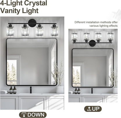 Crystal Bathroom Light Fixtures, Bathroom Lighting Fixtures Over Mirror, Modern Black 4-Light Vanity Lights for Mirror, Restroom, Bedroom (Ceramic E26 Socket,Bulbs Not Include)