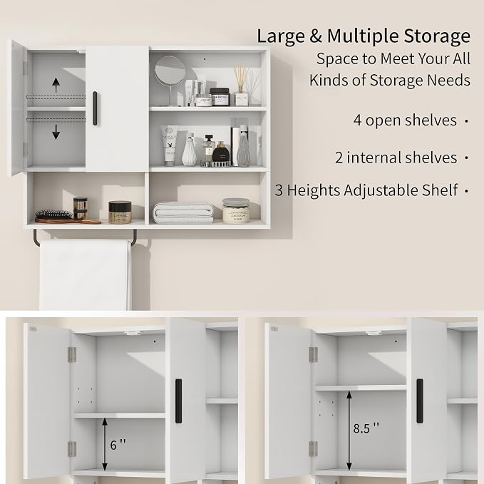 Bathroom Wall Cabinet, Medicine Cabinet with Towel Bar & 2 Doors, White