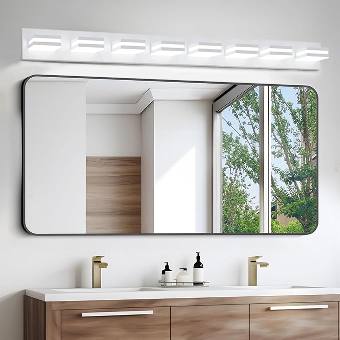 IZORRO LED Modern Bathroom Lights Fixtures(8-Light,Dimmable),Matte White Acrylic Wall Lighting,Vanity Lights for Bathroom Over Mirror - 6000k 46In （No Assembly Required）