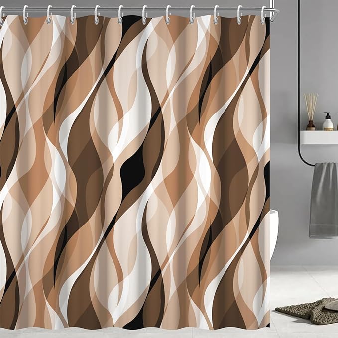 Brown Shower Curtain, Modern Abstract Grey and Brown Striped Shower Curtain Set for Bathroom Waterproof Tan Shower Curtain with Hooks, 72x84 Inch