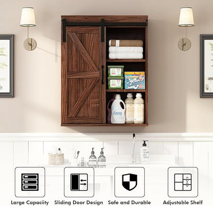 RUSTOWN Farmhouse Wood Wall Storage Bathroom Cabinet with Sliding Barn Door, Rustic Medicine Cabinet with Adjustable Shelf, 3-Tier Vintage Cabinet for Kitchen Dining, Bathroom, Living Room (Walnut)