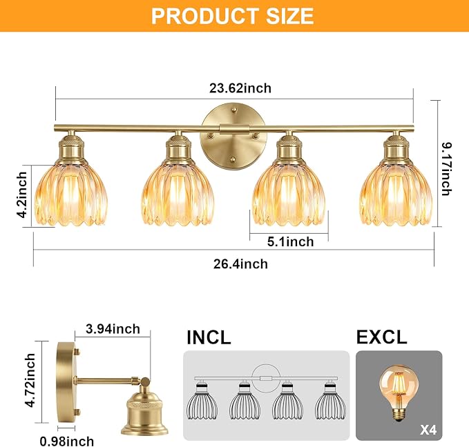 Bathroom Light Fixtures, 4-Light Brushed Gold Vanity Lights for Bathroom with Amber Tulip Glass Shade, 26" Vintage Bathroom Vanity Lighting Fixtures Over Mirror for Bedroom Living Room Hallway