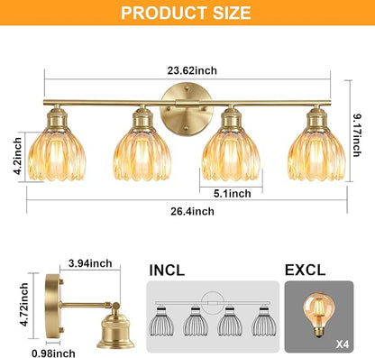 Bathroom Light Fixtures, 4-Light Brushed Gold Vanity Lights for Bathroom with Amber Tulip Glass Shade, 26" Vintage Bathroom Vanity Lighting Fixtures Over Mirror for Bedroom Living Room Hallway