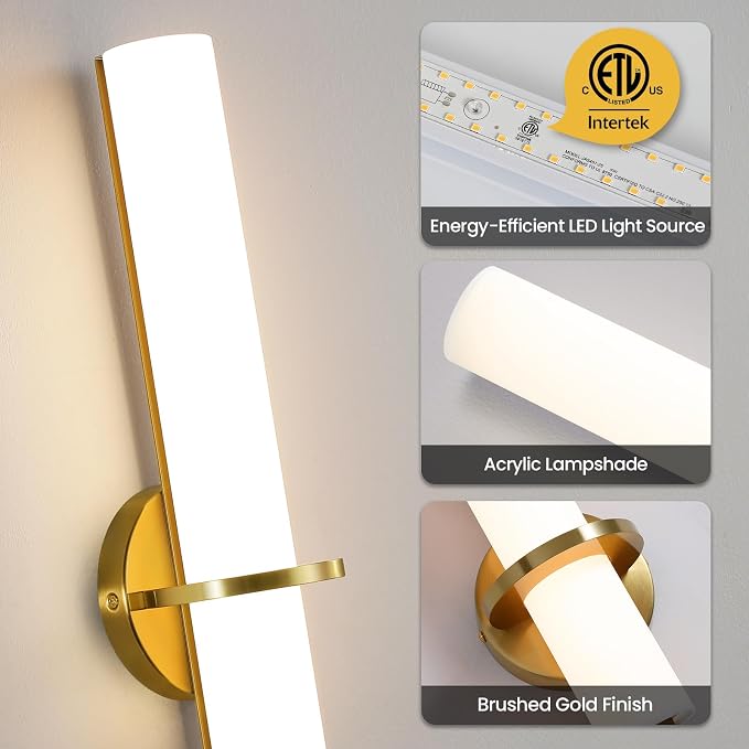 15-inch Gold Bathroom Wall Sconces Set of 2 Modern Sconces Wall Lighting 5CCT LED Dimmable Wall Light Brushed Gold Sconces for Bedroom Living Room Hallway (Hardwired)