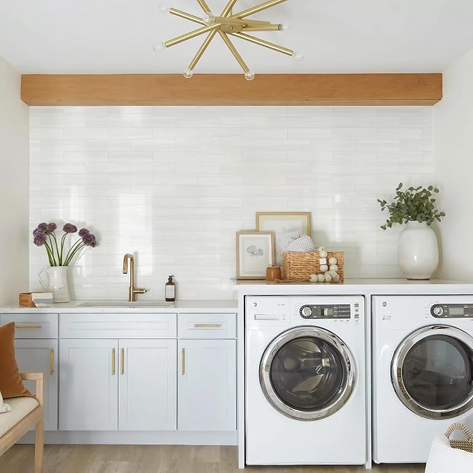 Vamos Tile Peel and Stick Backsplash, Glossy 40-Piece 3''x12'' Subway Tile | Dolomite White with White Grout Wall Tile,PVC Faux Stone Stick on Subway Tiles for Kitchen,Bathroom,Laundry,Camper,Fireplace
