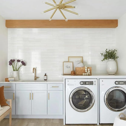 Vamos Tile Peel and Stick Backsplash, Glossy 40-Piece 3''x12'' Subway Tile | Dolomite White with White Grout Wall Tile,PVC Faux Stone Stick on Subway Tiles for Kitchen,Bathroom,Laundry,Camper,Fireplace