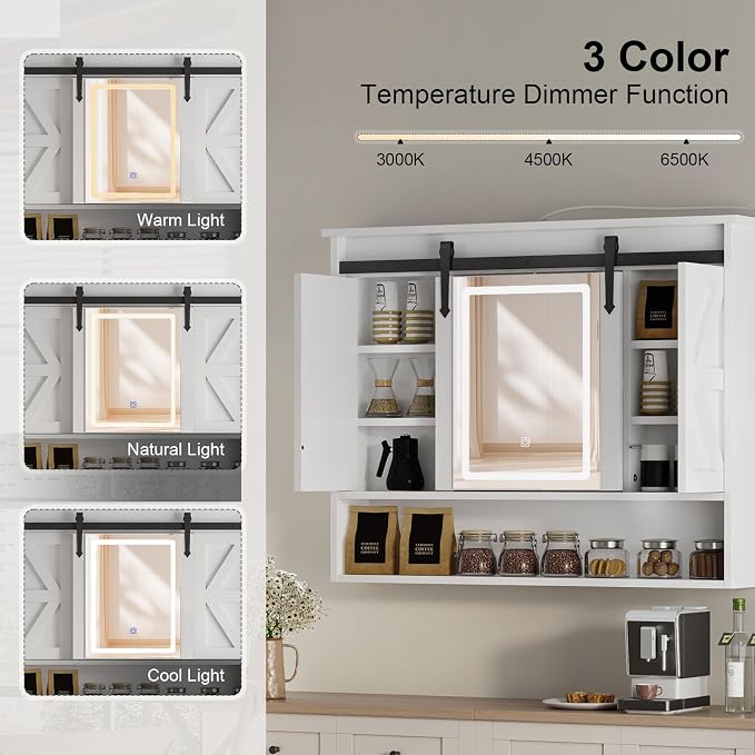 Farmhouse Lighted Medicine Cabinet with Mirror,Sliding Barn Door Mirrored Medicine Cabinet for Bathroom,3-Color Memory LED Medicine Cabinets Mirror Wall Mounted for Kitchen/Laundry,28x35