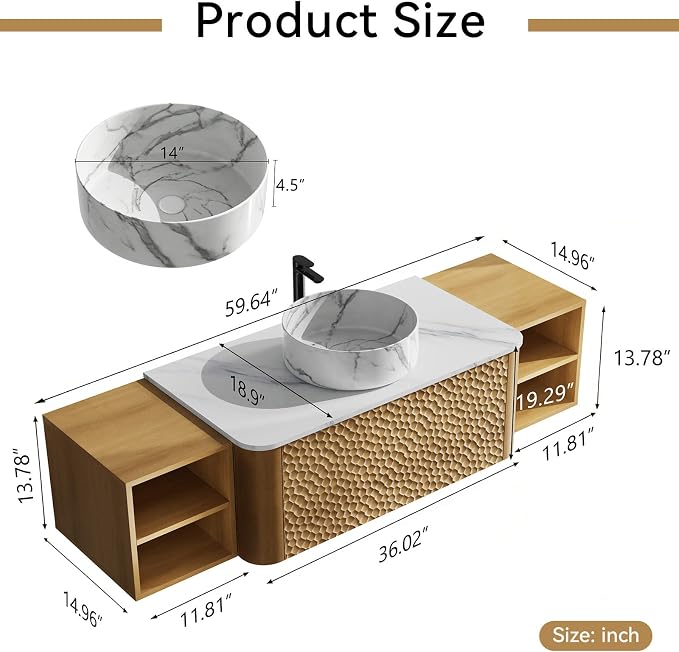 60 Inch Modern Bathroom Vanity with Ceramic Sink, Floating Bathroom Sink Cabinet with Sintered Stone Top&Solid Wood Hammered Frame, Single Bathroom Vanities w/Soft-Close Drawer&2 Side Open Cube