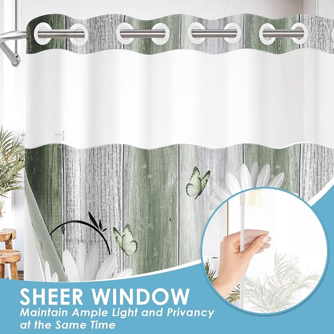 No Hook Shower Curtain with Snap in Liner 71x74 Inch Daisy Green | Farmhouse Rustic Butterfly Modern Double Layers Waterproof Fabric with See Through Top Window Open Grommet Bath Curtain