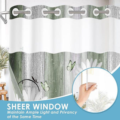No Hook Shower Curtain with Snap in Liner 71x74 Inch Daisy Green | Farmhouse Rustic Butterfly Modern Double Layers Waterproof Fabric with See Through Top Window Open Grommet Bath Curtain