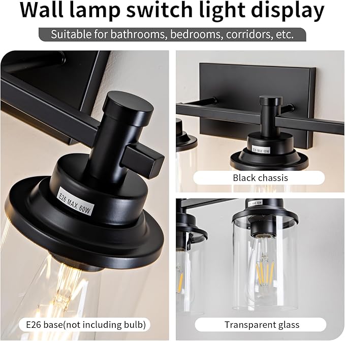 5-Light Black Bathroom Vanity Light, Modern Lighting Fixture With Clear Glass Shade, Wall Sconces Over Mirror