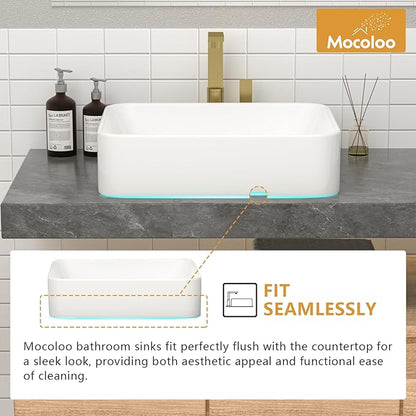 Mocoloo Rectangle Vessel Sink 19"x15" Ceramic Bathroom Sinks White Porcelain Lavatory Small Vanity Sink Basin without Overflow Drain Above Countertop Installation