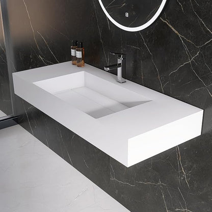 42" x 18" Wall Mount Sink, Stone Resin Rectangular Bathroom Sink | Modern Floating Vessel Sinks for Vanity, Art Basin Trough, Durable and Stylish Bathroom Sinks for Modern Homes, White