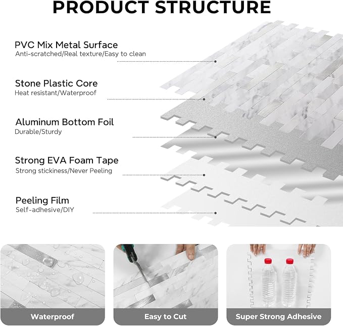STICKGOO Peel and Stick Backsplash, PVC Wall Tiles Stick on Backsplash for Kitchen(5 Sheets, White Marble with Metal Silver)