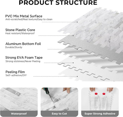 STICKGOO Peel and Stick Backsplash, PVC Wall Tiles Stick on Backsplash for Kitchen(5 Sheets, White Marble with Metal Silver)
