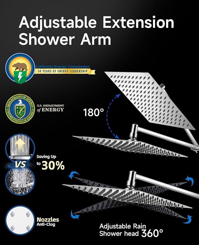 10 Inch Rainfall Shower Head with Handheld Combo and Extension Arm | Large rainfall shower head set with handheld sprayer, 11 inch adjustable arm, 59 inch hose, standard 1/2 inch wall connection