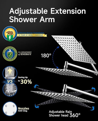 10 Inch Rainfall Shower Head with Handheld Combo and Extension Arm | Large rainfall shower head set with handheld sprayer, 11 inch adjustable arm, 59 inch hose, standard 1/2 inch wall connection