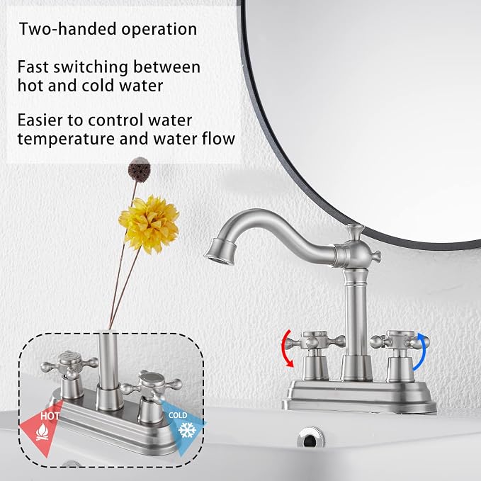 Bathroom Faucet Brushed Nickel GGStudy 2 Handles 4 Inches Centerset Bathroom Vanity with Drain Assembly and Supply Hose Lavatory Mixer Double Handle Tap