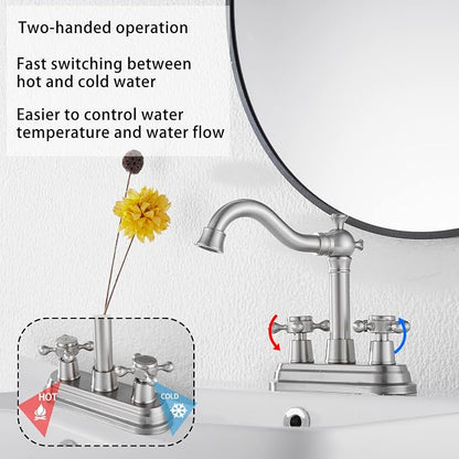 Bathroom Faucet Brushed Nickel GGStudy 2 Handles 4 Inches Centerset Bathroom Vanity with Drain Assembly and Supply Hose Lavatory Mixer Double Handle Tap