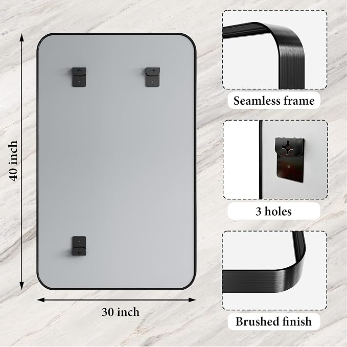 48X32 Inch Metal Black Framed Bathroom Mirror for Wall, Matte Framed Rounded Rectangular Modern Mirrors for Over Sink, Anti-Rust, HD Tempered Glass, Farmhouse, Hangs Horizontally or Vertically