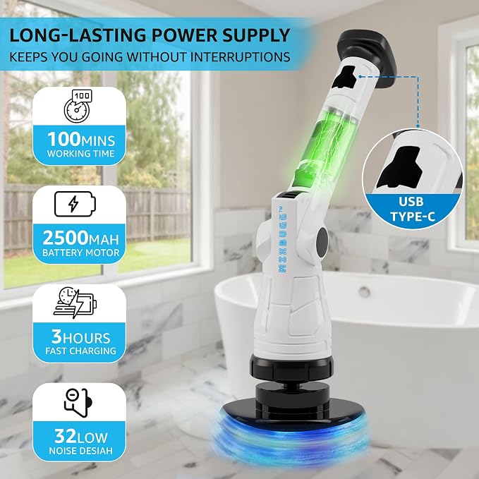 Electric Spin Scrubber, 3 Speeds 8 Heads Bathroom Cleaning Brush | 6-Angle Adjustable Head, 54" Extendable Handle, IPX6 Waterproof, Cordless, Shower Cleaner Brush for Tub Grout Tile Floor Car