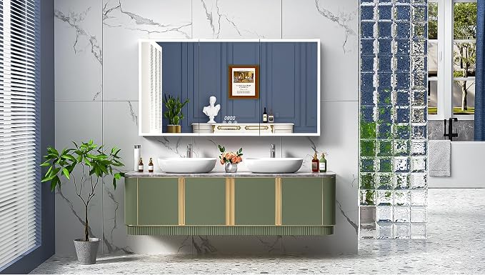ACEMIRO 60"×32" Lighted Bathroom Medicine Cabinet with Mirror, Recessed Medicine Cabinet Mirror with Lights, Three Door LED Bathroom Mirror with Outlet & Clock, Dimming, Defogger, Memory Function