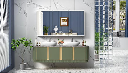 ACEMIRO 60"×32" Lighted Bathroom Medicine Cabinet with Mirror, Recessed Medicine Cabinet Mirror with Lights, Three Door LED Bathroom Mirror with Outlet & Clock, Dimming, Defogger, Memory Function