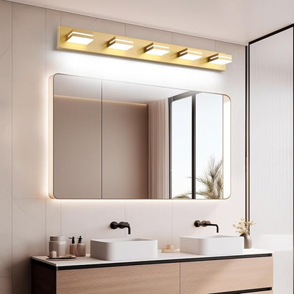 SineRise LED Modern Bathroom Vanity Light Fixtures, Modern Acrylic Bathroom Wall Lighting Fixtures Over Mirror, 5-Light, 40-Inch, Gold, 100%-0% White