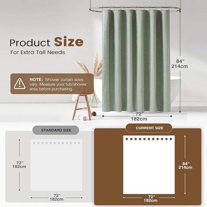 BTTN 72x84 Tall 3 in 1 Linen Texture Shower Curtain with Liner, Sage Green | Long Size, 230GSM Heavy Duty Polyester, Waterproof Clear Liner, Weighted Hem, 12 Plastic Hooks, Hotel Style, Machine Washable