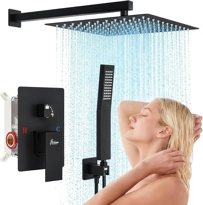 Hawkrown 10 Inch Luxury Rain Shower Faucet Set, Matte Black Shower System with Rainfall Shower Head and Handheld Spray, SUS304 Stainless Steel and Solid Brass Wall Mounted Shower Valve Trim Kit