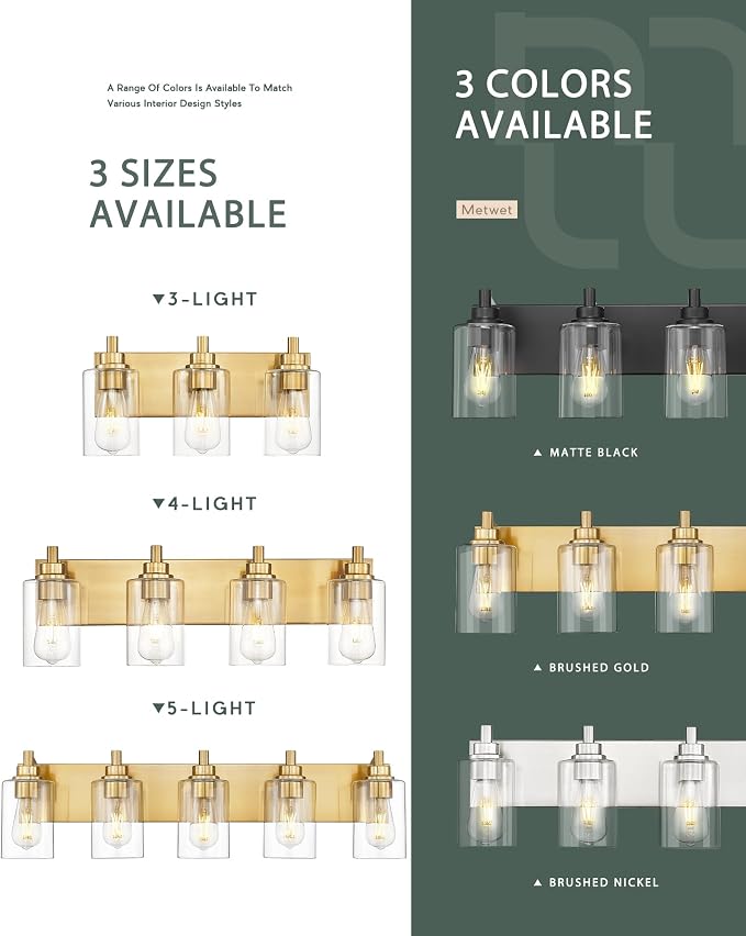 4-Light Brushed Gold Bathroom Vanity Light, Clear Cylinder Glass | 24.5" modern bathroom light fixtures over mirror, E26 base, bulbs not included, VL143-BG-4