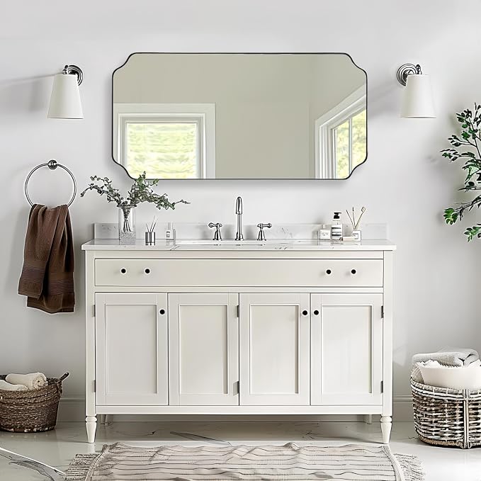 24"x48" Large Bathroom Mirror, Chrome Scalloped Wall Mirror, Polished Nickel Rectangle Mirror, Bathroom Vanity Mirror in Anti-Rust Stainless Steel Metal Frame, Vertically/Horizontally