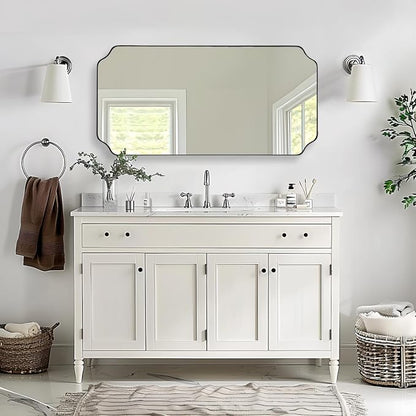 24"x48" Large Bathroom Mirror, Chrome Scalloped Wall Mirror, Polished Nickel Rectangle Mirror, Bathroom Vanity Mirror in Anti-Rust Stainless Steel Metal Frame, Vertically/Horizontally