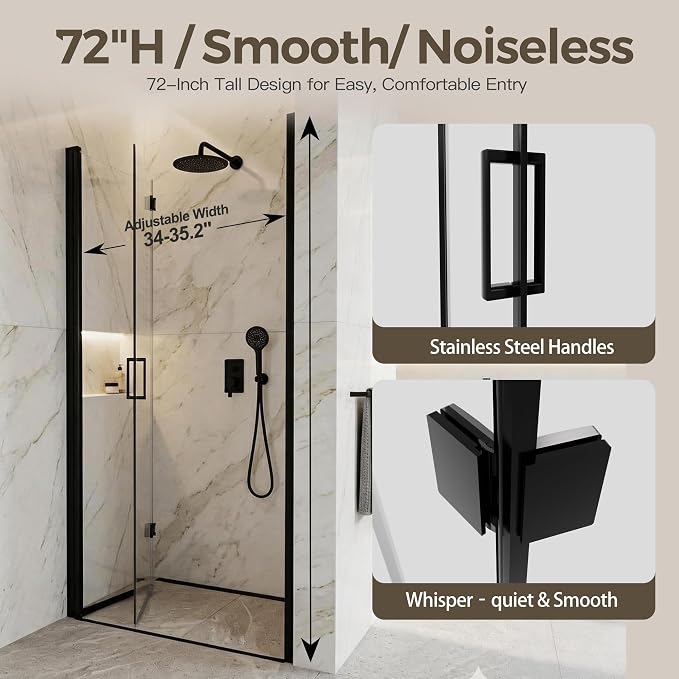 34-35.2" W x 72" H Frameless Bifold Pivot Swing Shower Door | 1/4" (6mm) Clear SGCC Tempered Glass with a space-saving folding Bathroom Door, Reversible Installation, Matte Black Finish