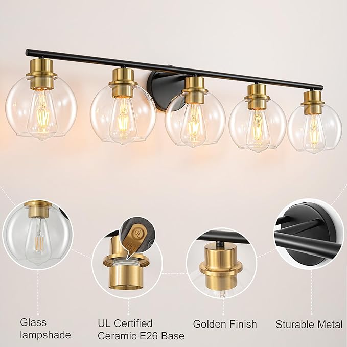 Bathroom Light Fixtures Over Mirror 5-Lights Bathroom Vanity Light with Clear Globe Glass Shade 37.4 inch Modern Black and Gold Vanity Lights Wall Sconce Lighting for Bath