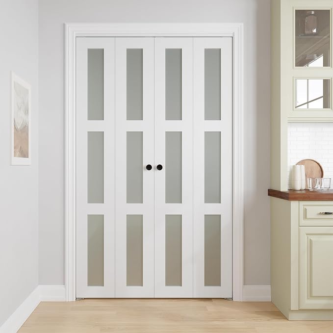 Bifold Doors for 48" x 80-3/4" Opening, 3-lite Tempered Frosted Glass Closet Folding Doors with Hardware kit Included, Easy Assembly, White | Closet Folding Doors with Hardware kit Included, Easy Assembly for Pantry Closet, White,Water-Proof PVC Surfac...