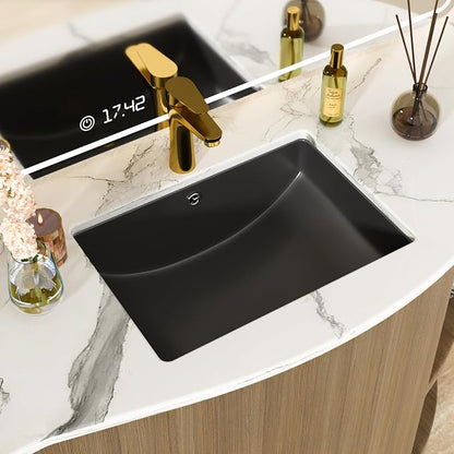 Black Undermount Bathroom Sink 21.1"x15.1"Ceramic Basin | Modern Porcelain Under Counter Bathroom Vanity Sink, Interior Bowl 19.2"x 13.1", Rectangular Undermount Basin with Overflow
