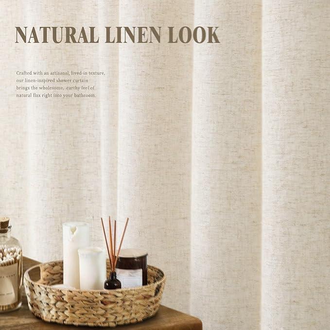 Tassel Linen Shower Curtain Flax Cream, Fabric Boho Farmhouse Shower Curtains for Bathroom Cotton Natural Cloth Liner Set 72" W x 72" L