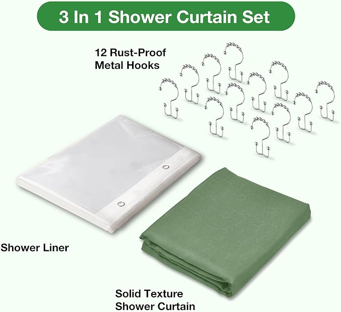 3 in 1 Shower Curtain Set, Green Shower Curtain and Liner Set with 12 Double Sided Shower Curtain Hooks, Cloth Shower Curtains for Bathroom,Waterproof, 72" W*72" H