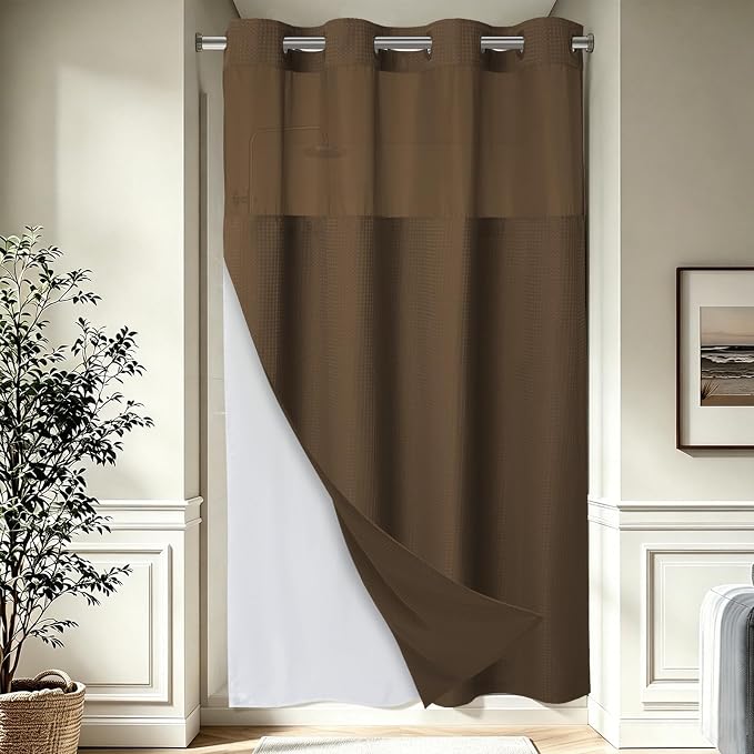 EUTXL Heavyweight Brown Stall No Hook Shower Curtain with Snap in Liner,256GSM Waffle Weave Shower Curtains for Bathroom,54W x 80H